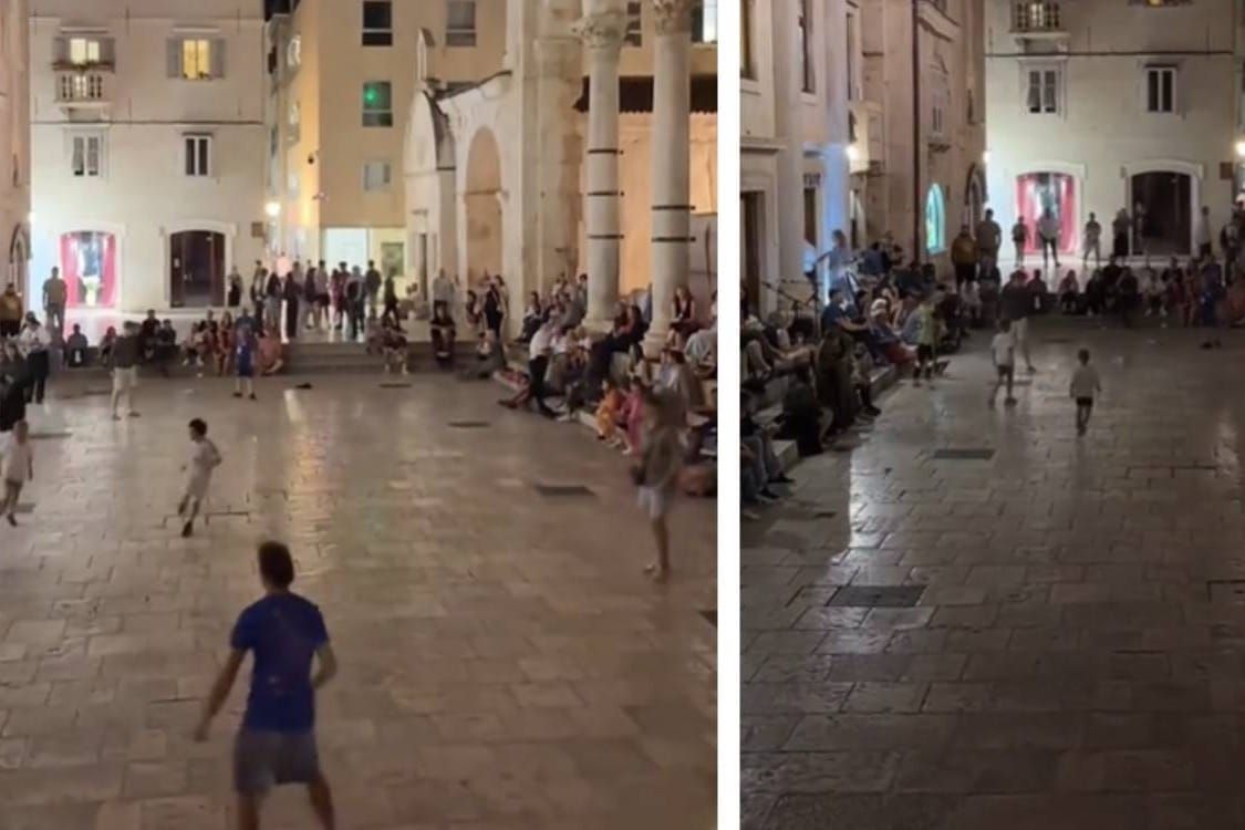 KAO NEKAD Skupina djece zaigrala nogomet na splitskom Peristilu: "Vratite dicu na ulice centra!"