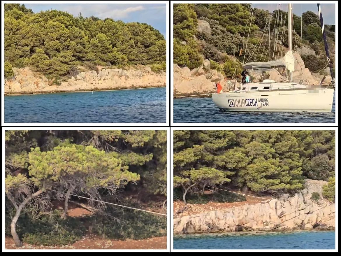 OTOK TIJAT U uvali Tijašnica češka jedrilica vezana za stablo - Neoznačen konop preko pola uvale opasnost je za druga plovila!