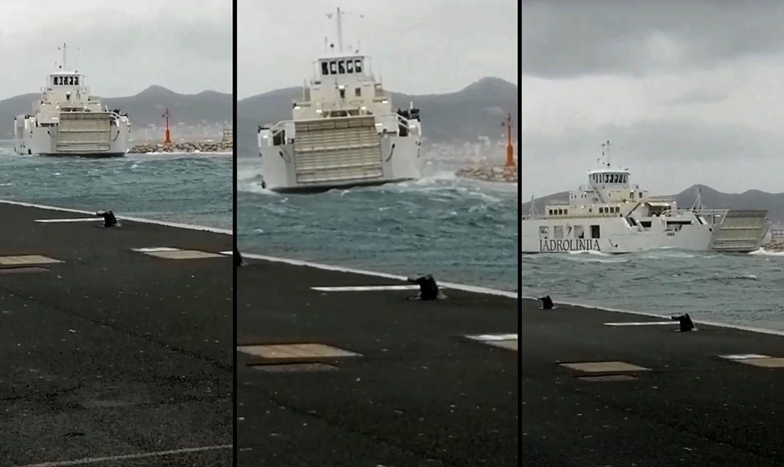 EKSKLUZIVAN VIDEO Trajekt Cres pun putnika u Zadru reful juga bacio na lukobran luke Gaženica