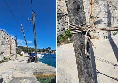 BIZARNE SCENE Otočani konopima vežu stupove HT-a i HEP-a da im ne padnu na glavu!