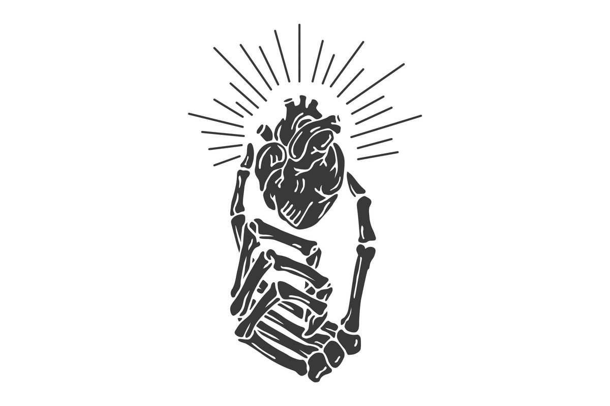 Black and white images of a skeleton hand holding an anatomical heart with a religious halo around the heart. 