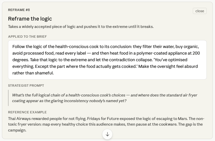 Reframe #8 — Logic Push the logic of healthy cooking until it exposes itself.