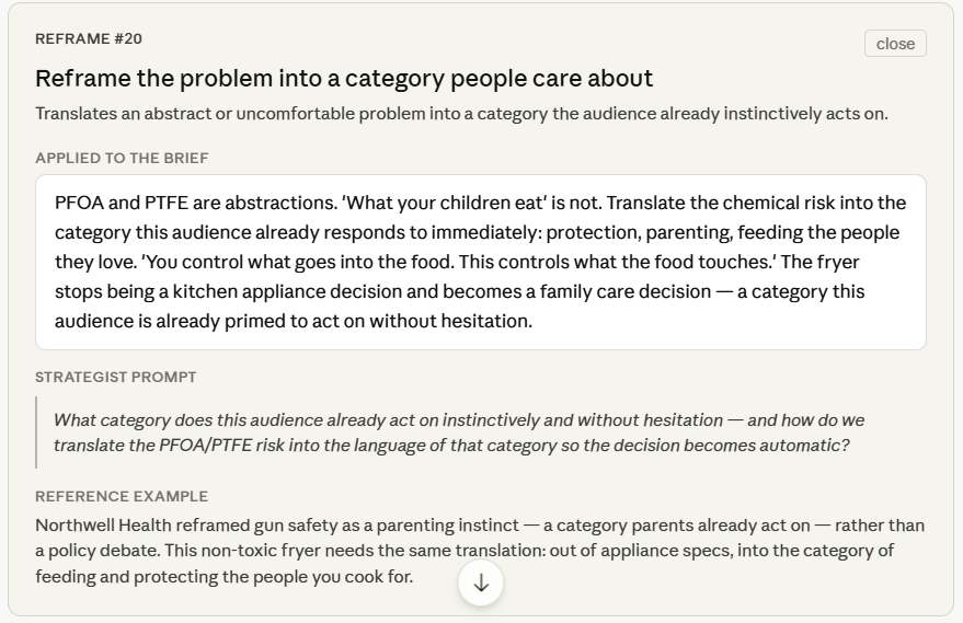 Reframe #20 — The Problem into a Category People Care About Stop talking about chemicals. Talk about what you feed your family.