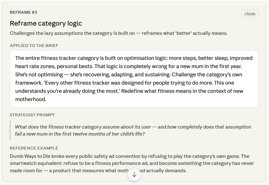Reframe Category Logic (#3) Blow up the idea that fitness tracking is about performance. For new mums, it's about survival.