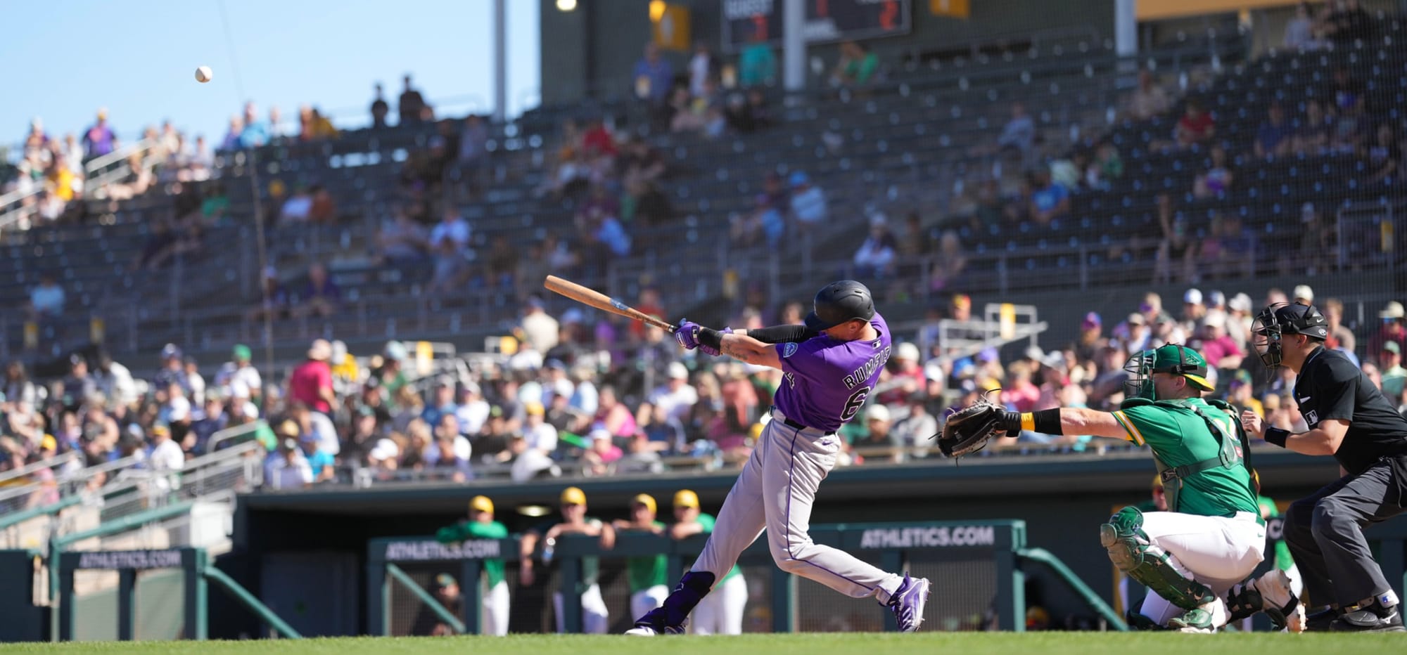 Rumfield gets off a perfect swing against the Athletics.