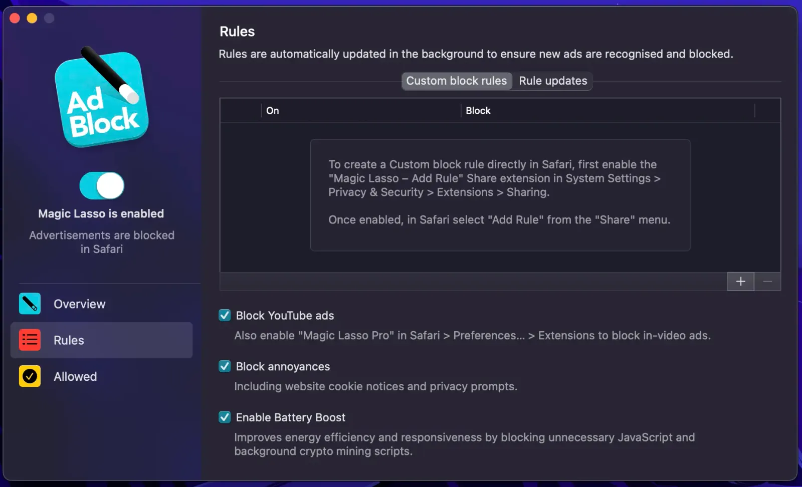 Interface de utilizador do Magic Lasso Adblock no Mac