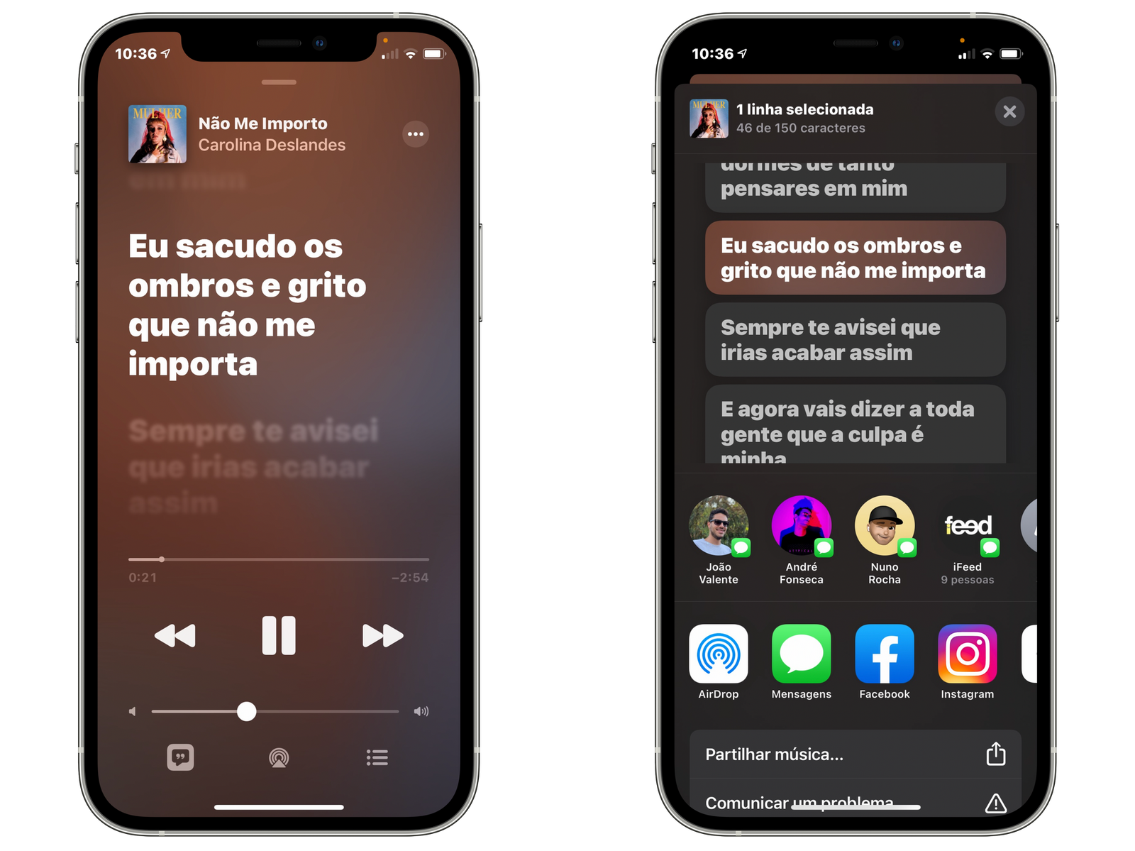Partilha da letra na aplicação Música no iOS 14.5