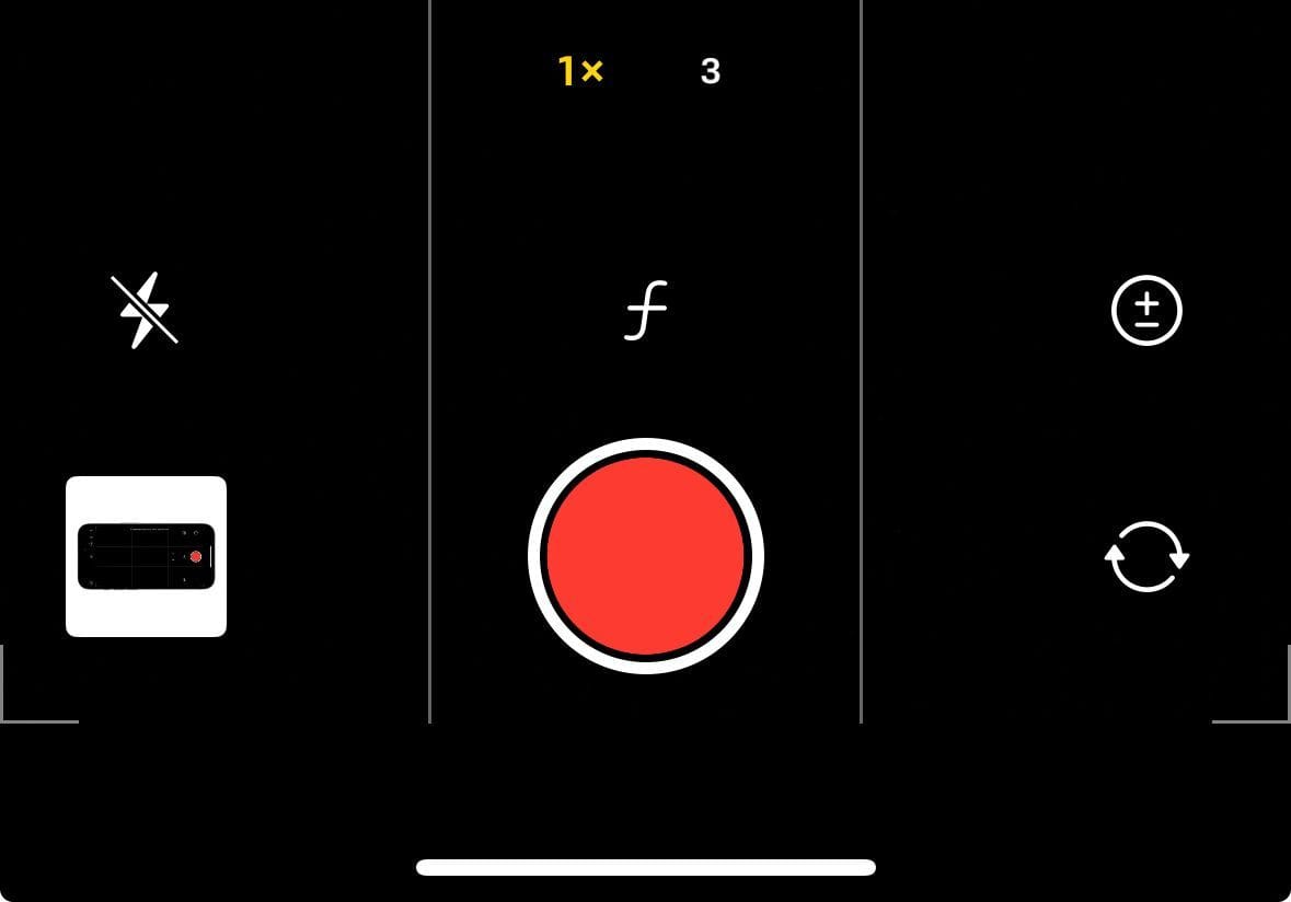 Captura de ecrã do modo Cinematográfico com as os botões de flash, zoom, profundidade de campo e exposição visíveis.