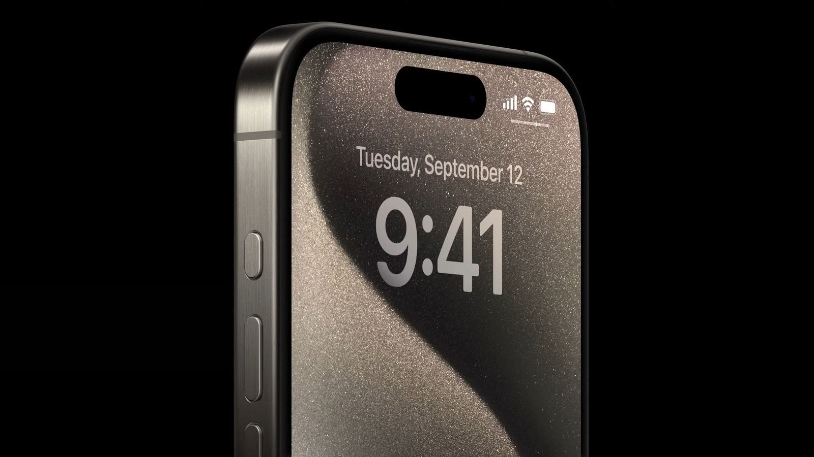 iPhone 15 Pro num fundo preto com o ecrã de bloqueio visível.