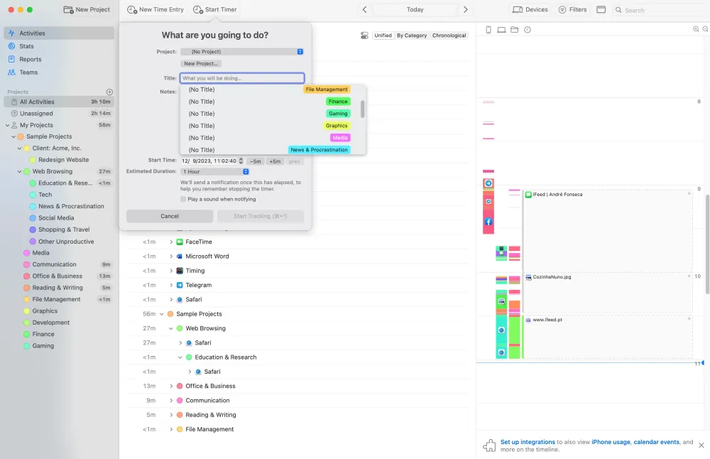 Criação de entradas personalizadas para gestão de tempo da Timing