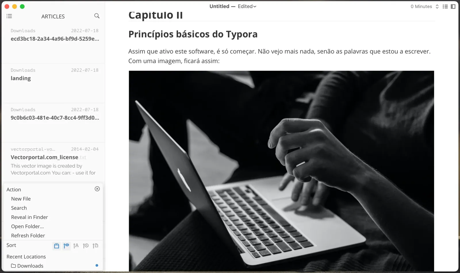 Barra lateral do Typora com o organizador de ficheiros