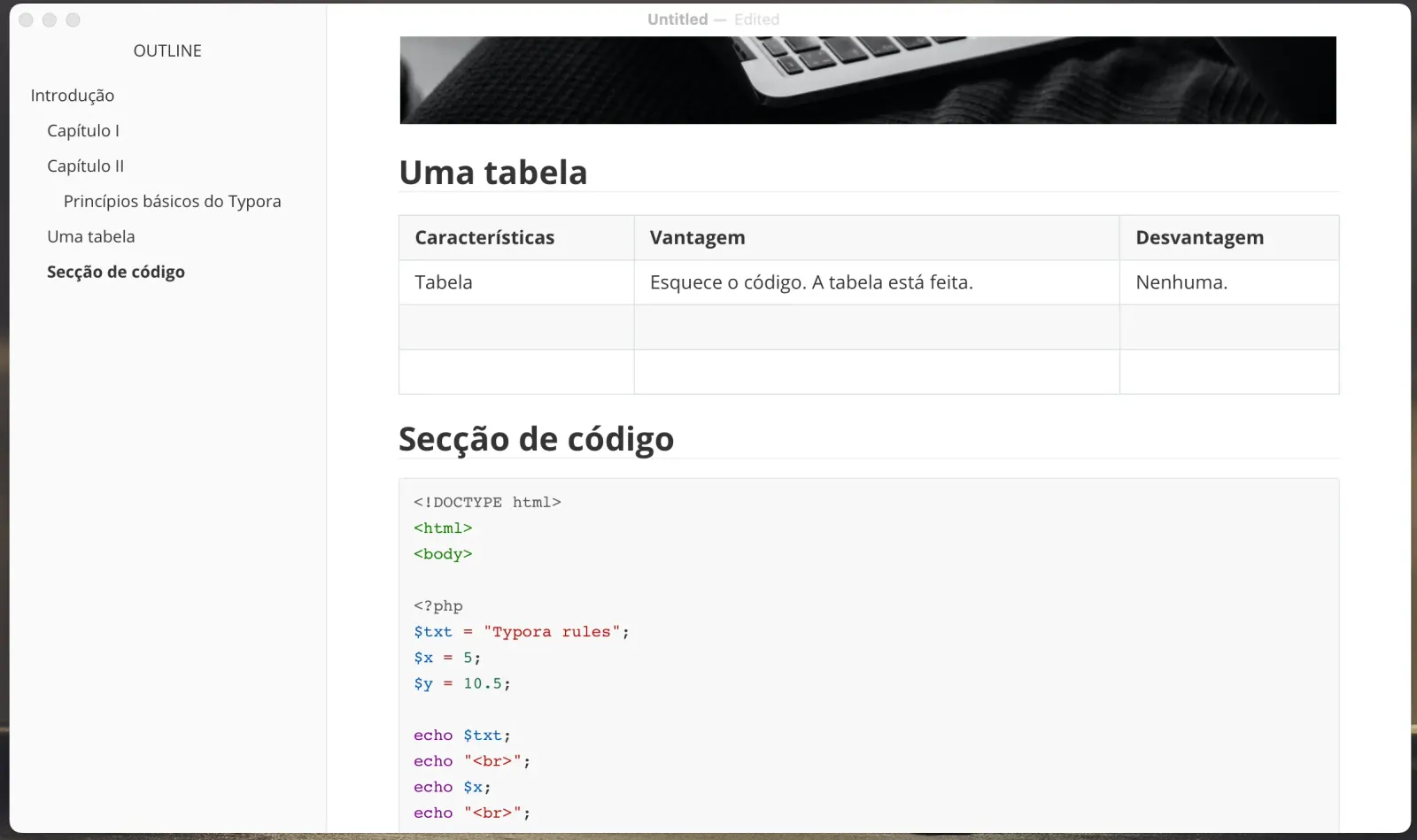 Tela do Typra com uma tabela e um campo de código