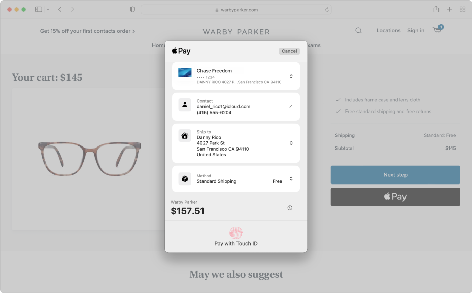 Captura de ecrã de uma compra de óculos no Safari, destacando a opção de pagar com Apple Pay através do Touch ID no checkout.