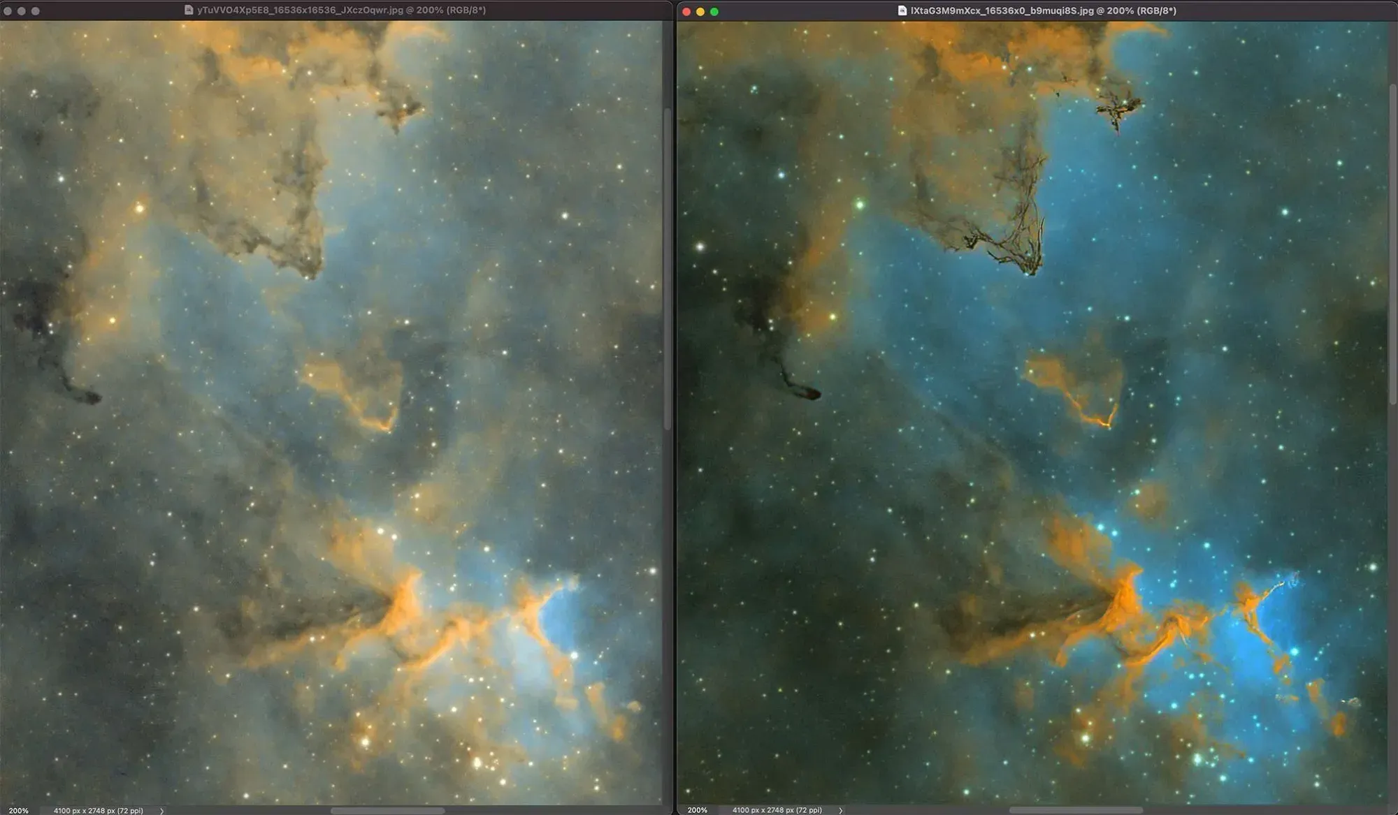  Another example of Topaz Denoise AI with sharpening applied too judiciously. Notice the enhanced image on the right showing extra dark filaments in the nebulosity. This is a second example of the filter being taken too far. 