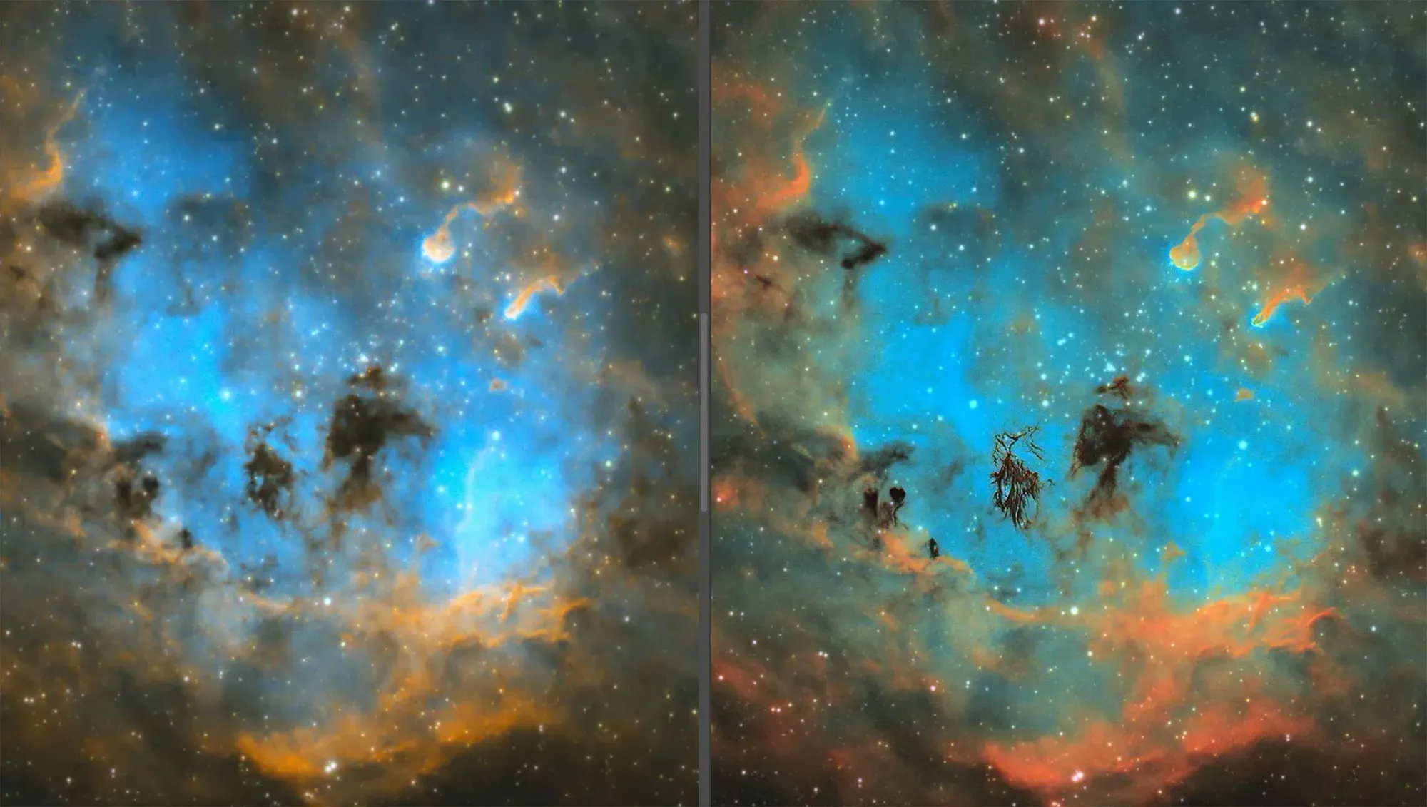  When the effects of Topaz Denoise AI with sharpening are pushed too hard the result is strange detail added where it should not exist. The dark nebula on the right is a good example of unrealistic added detail by the AI. 