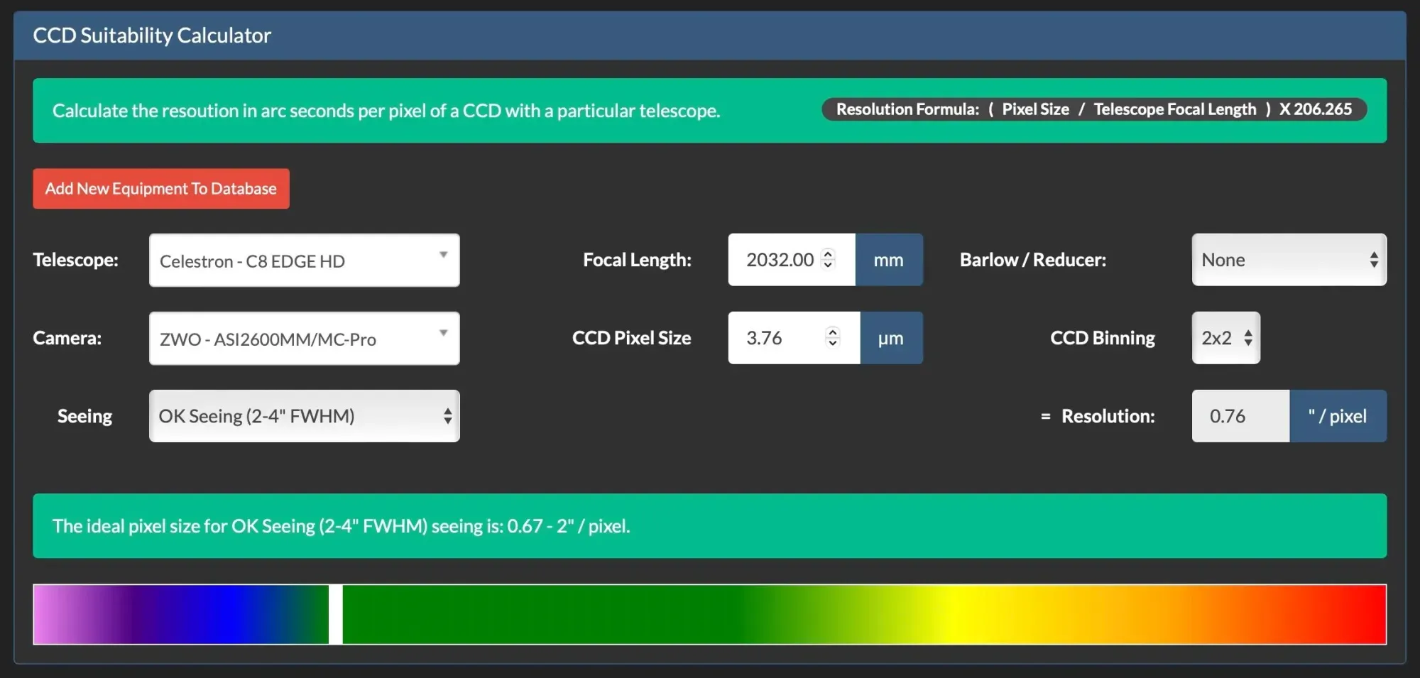 CCD Suitability Calculator showing pixel scale