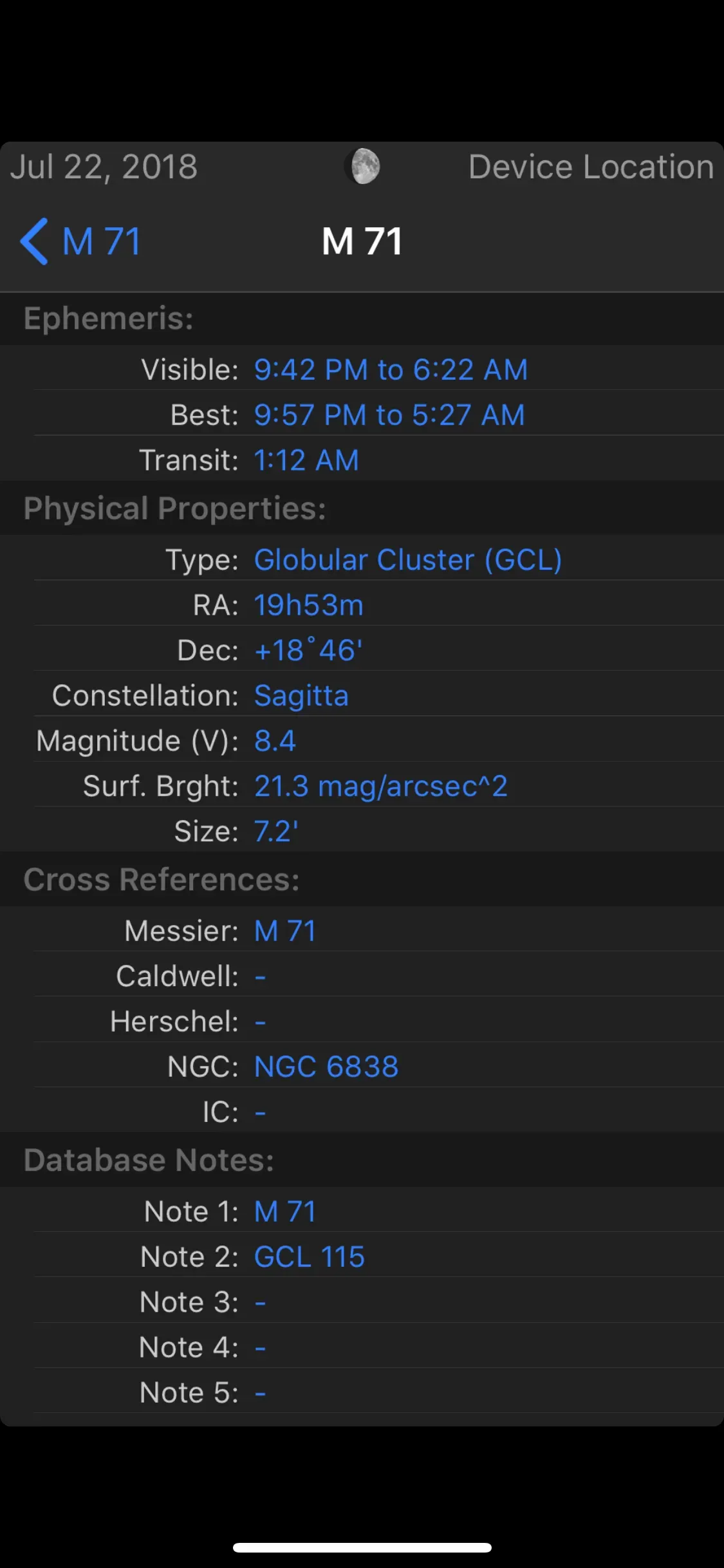  This view shows detailed information on the object, including it's magnitude, location, and what type of object it is. 