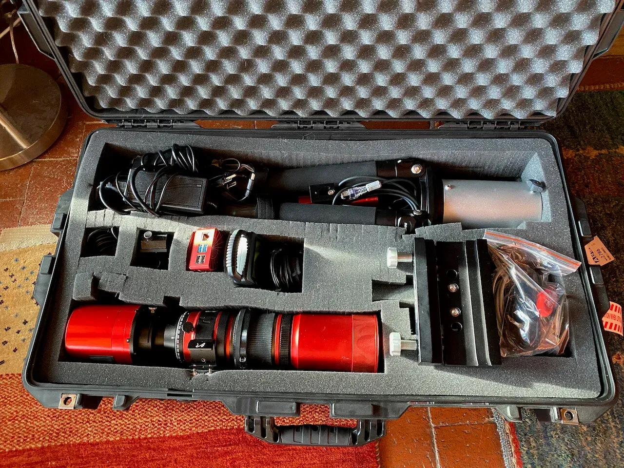  Here’s the entire setup, mount, tripod, telescope, electrical cables, usb cables, guide scope with camera, and ASIAir Pro. 