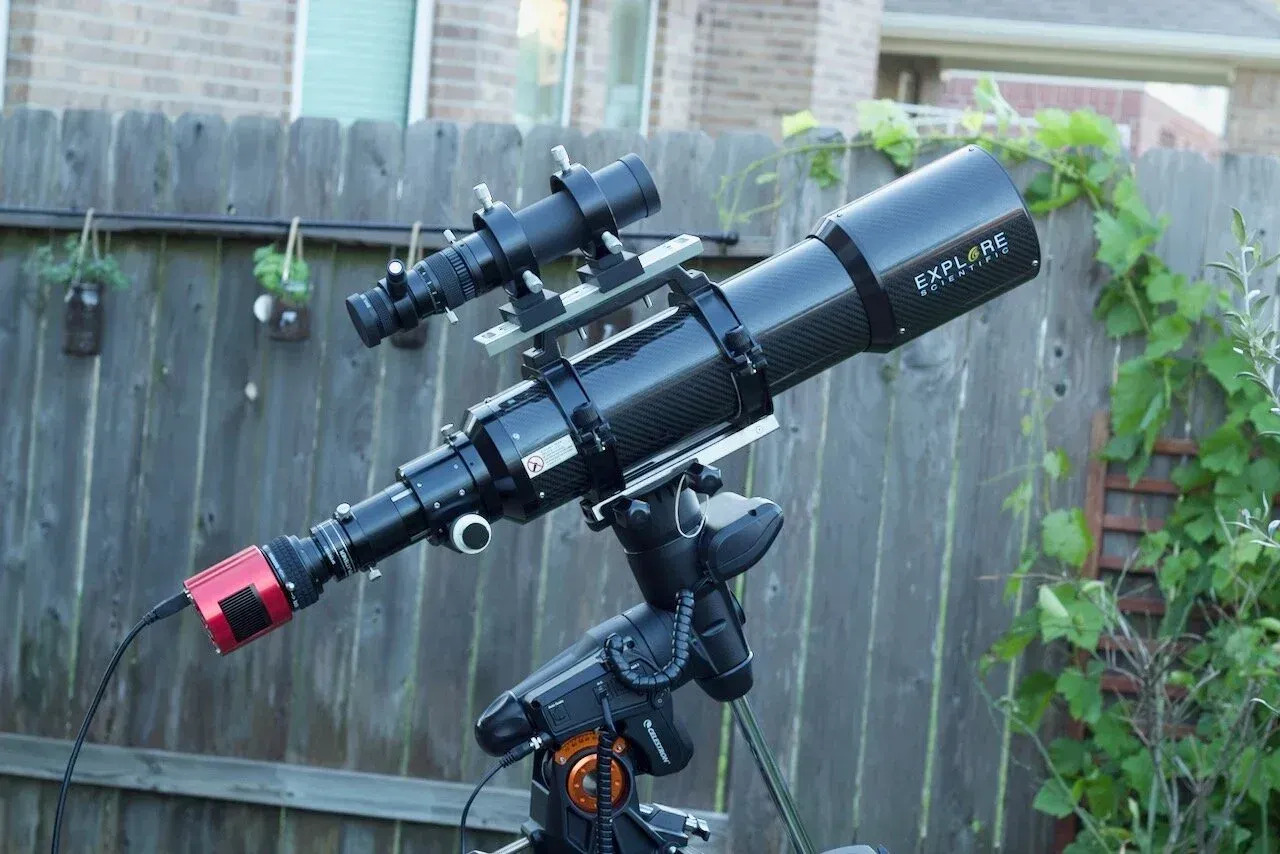  One of my  first imaging setups . A smaller telescope, a smaller mount. A far cry from the complex setup at the top of the page. 