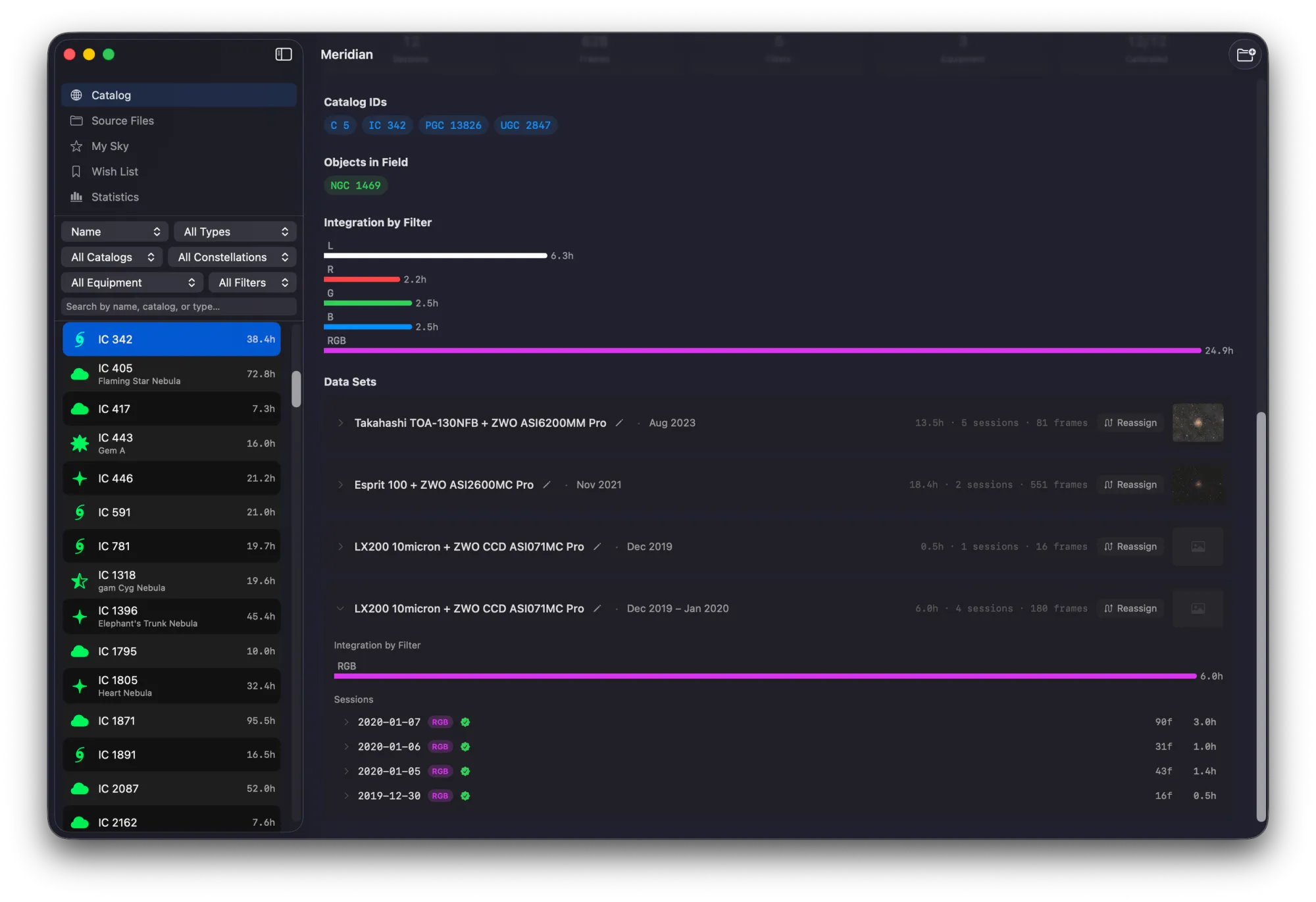 Meridian target detail view showing IC 342