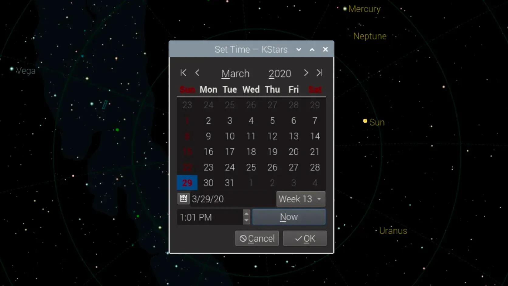  I pressed the Now button. This sets the planetarium clock to the current date and time. The time should now match the Raspberry Pi’s time in the upper right corner of your screen. If it does not. Then either in your Raspberry Pi preferences, or Geographic location in KStars is incorrect, and you need to double check your settings. 