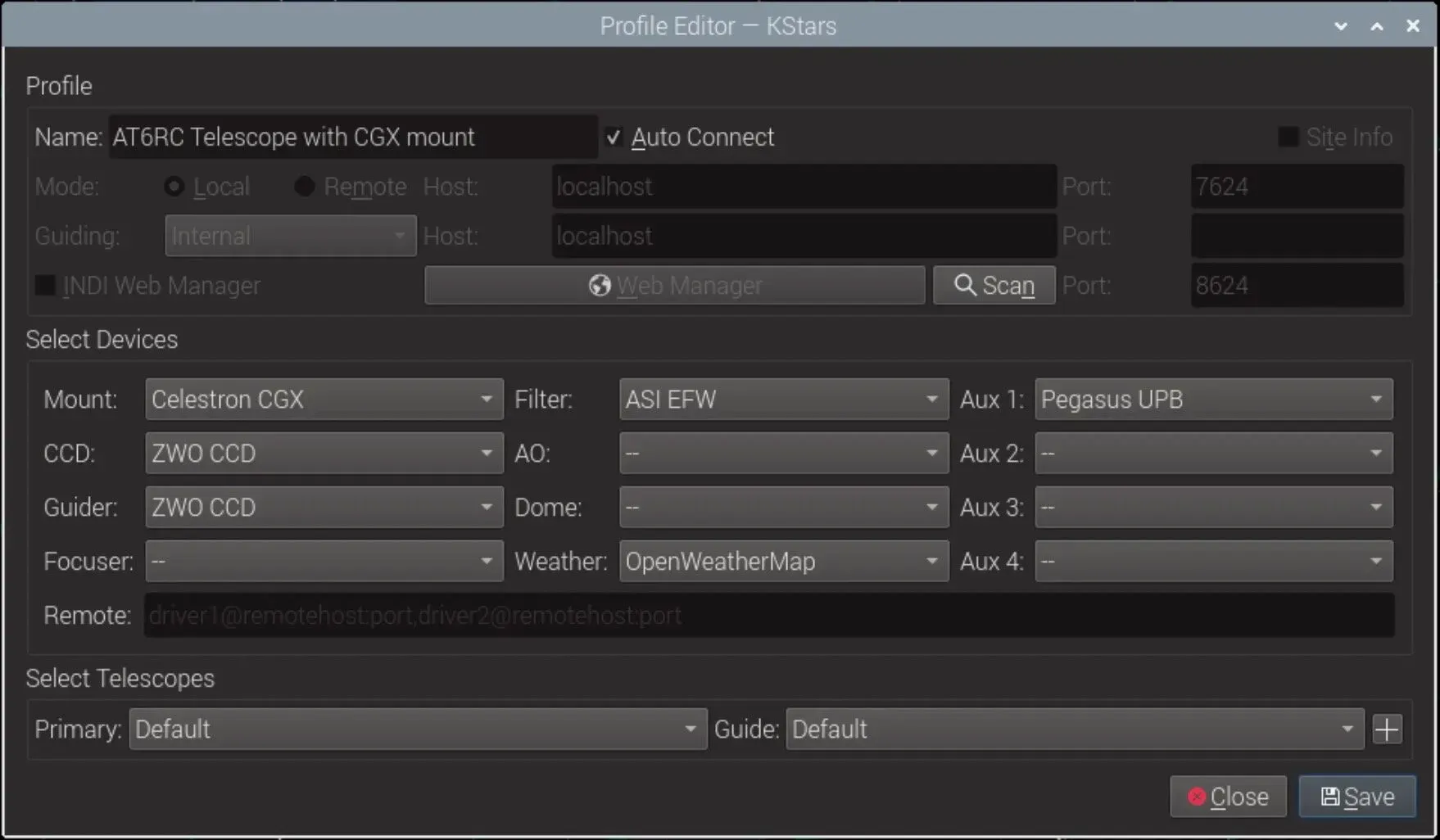  Select your equipment here. My setup uses a Pegasus Astro Ultimate Power box for focusing, and it’s considered an Auxiliary device. So I select it under Aux:1 instead of Focuser. But if you have a dedicated focuser and don’t use the UPB, then you’ll choose it under the focuser section. If no focuser, just leave it blank. I would also add a free Weather service, as Ekos can automatically shut down your equipment if rain approaches. 