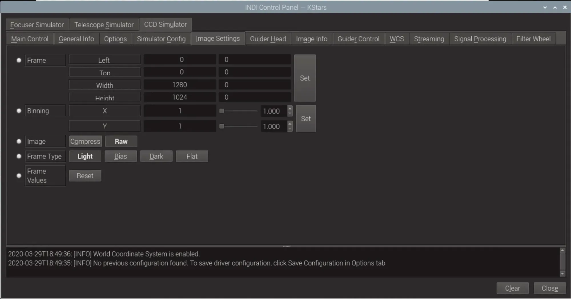  All individual equipment settings are done from the INDI control panel. Make sure every device is configured correctly and works. You’ll see connection errors at the bottom of each tab indicating whether or not the device is working. 