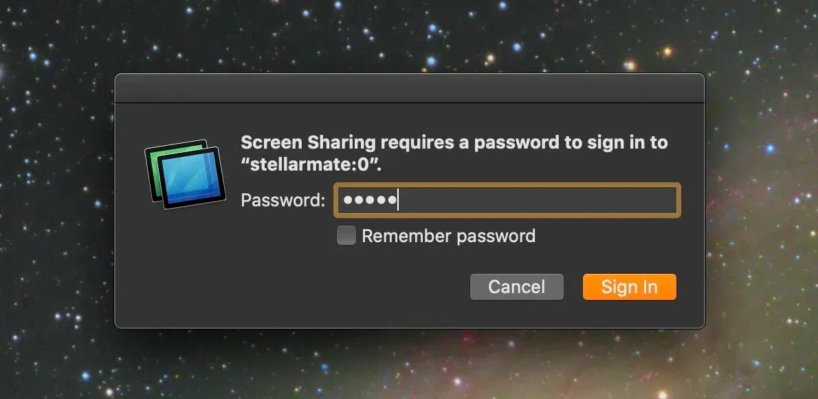  Put in your Stellarmate password. The default is “smate” without the quotes. Press Sign In. 