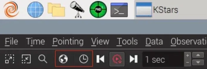  The two (highlighted in red) icons, allow you to set the geography and time for the KStars planetarium program. It’s important to set this, as EKOS will utilize this information to make sure you GO TO the correct locations for objects. 