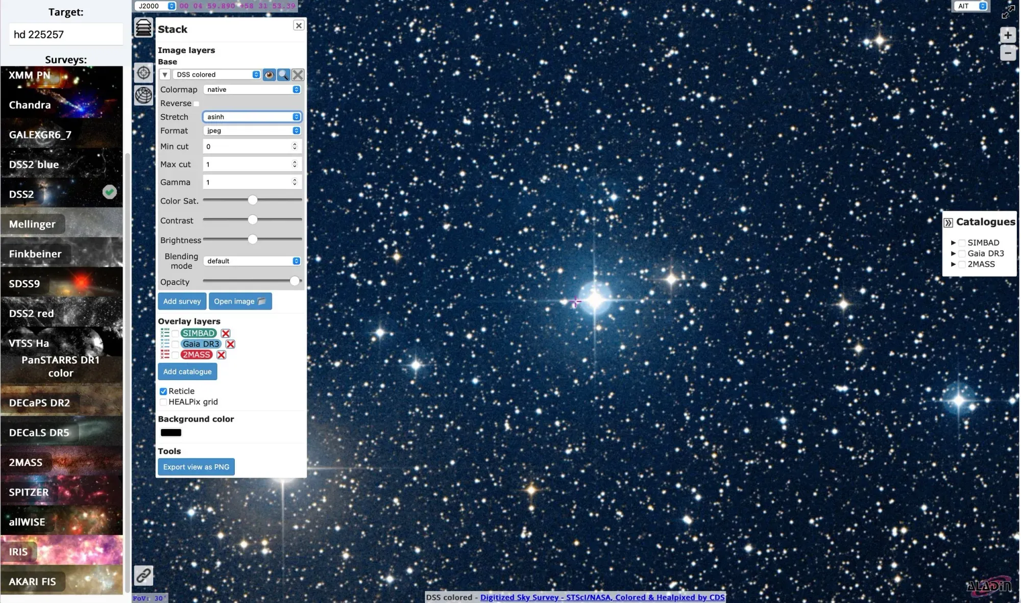  Here’s the Aladin DSS2 survey data centered on the object. You can see a very faint glow showing the existence of something. 