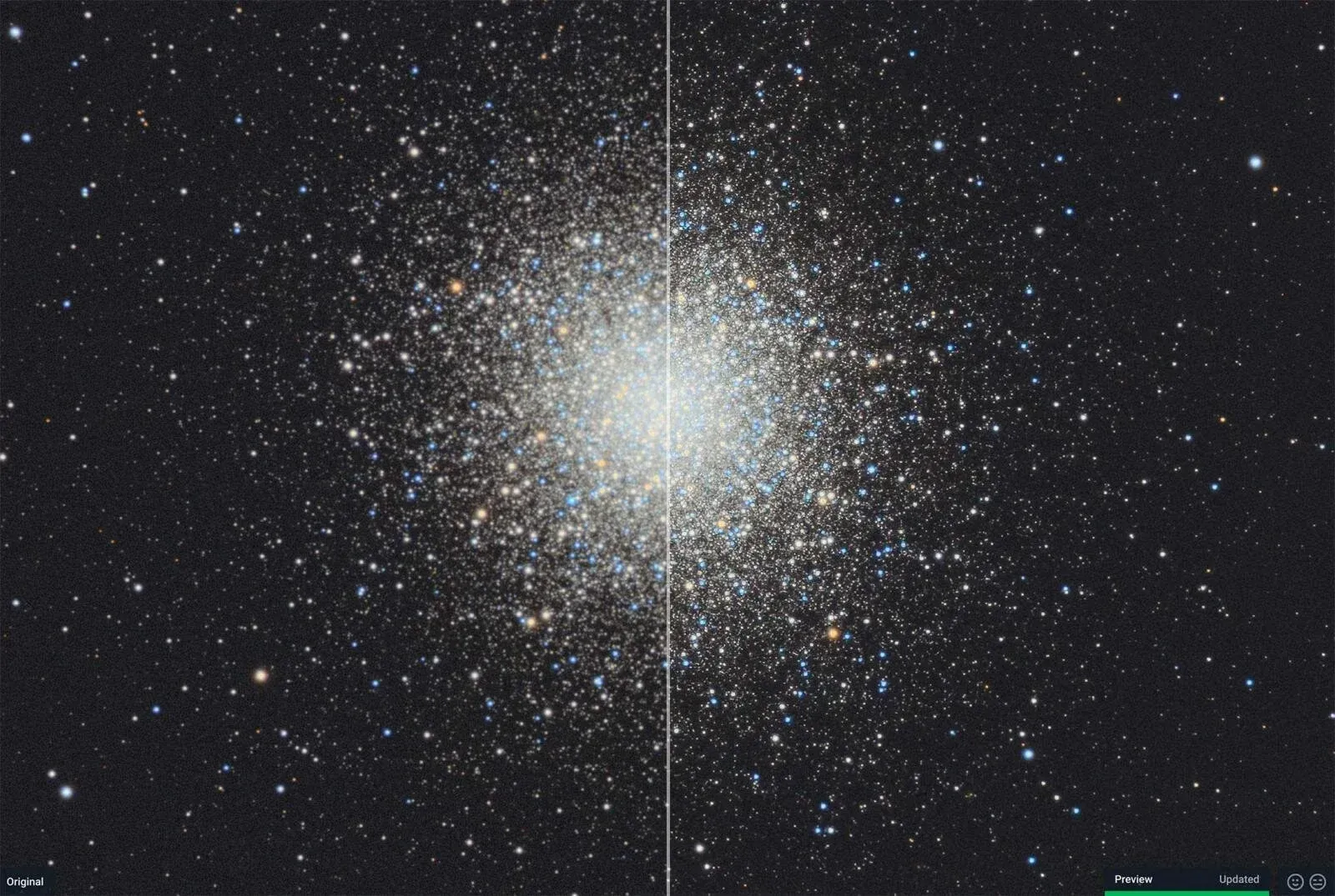  M13 with Topaz AI Sharpening on the right side. The smaller stars get sharpened to a point light. 