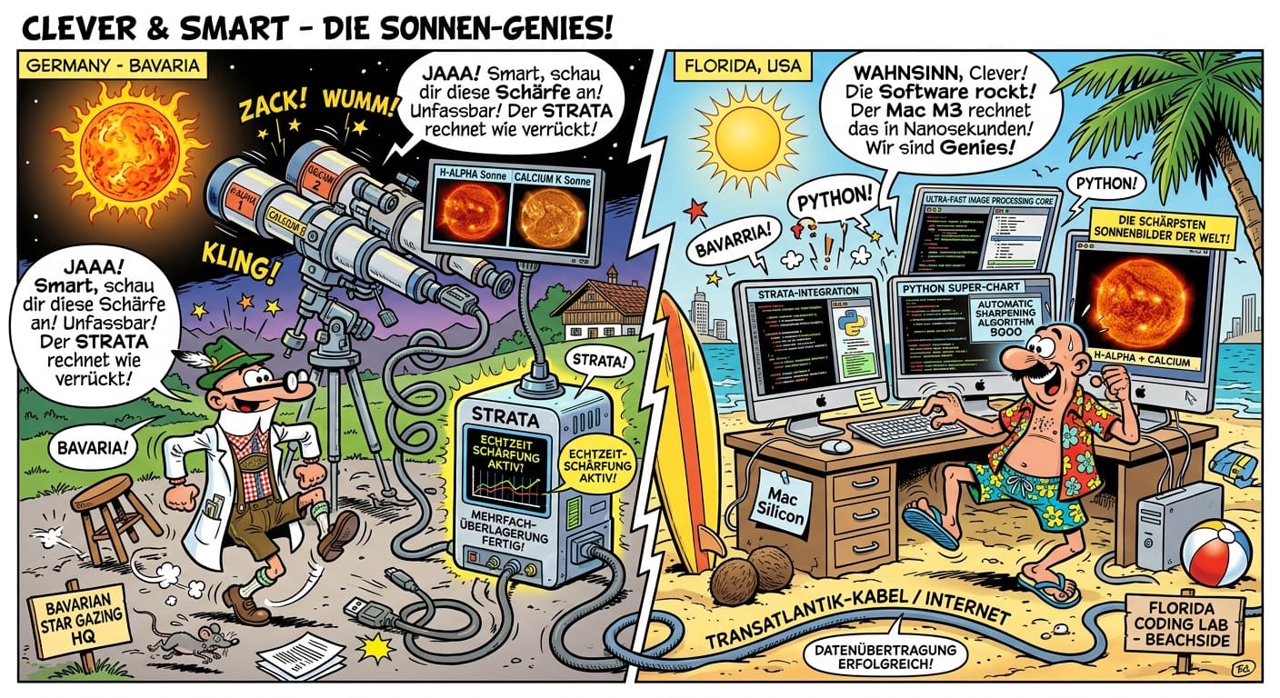 Two-panel comic showing a Bavarian astronomer at a solar telescope and a developer at a Mac on a Florida beach, connected by a transatlantic cable, both reacting to Strata's processing speed
