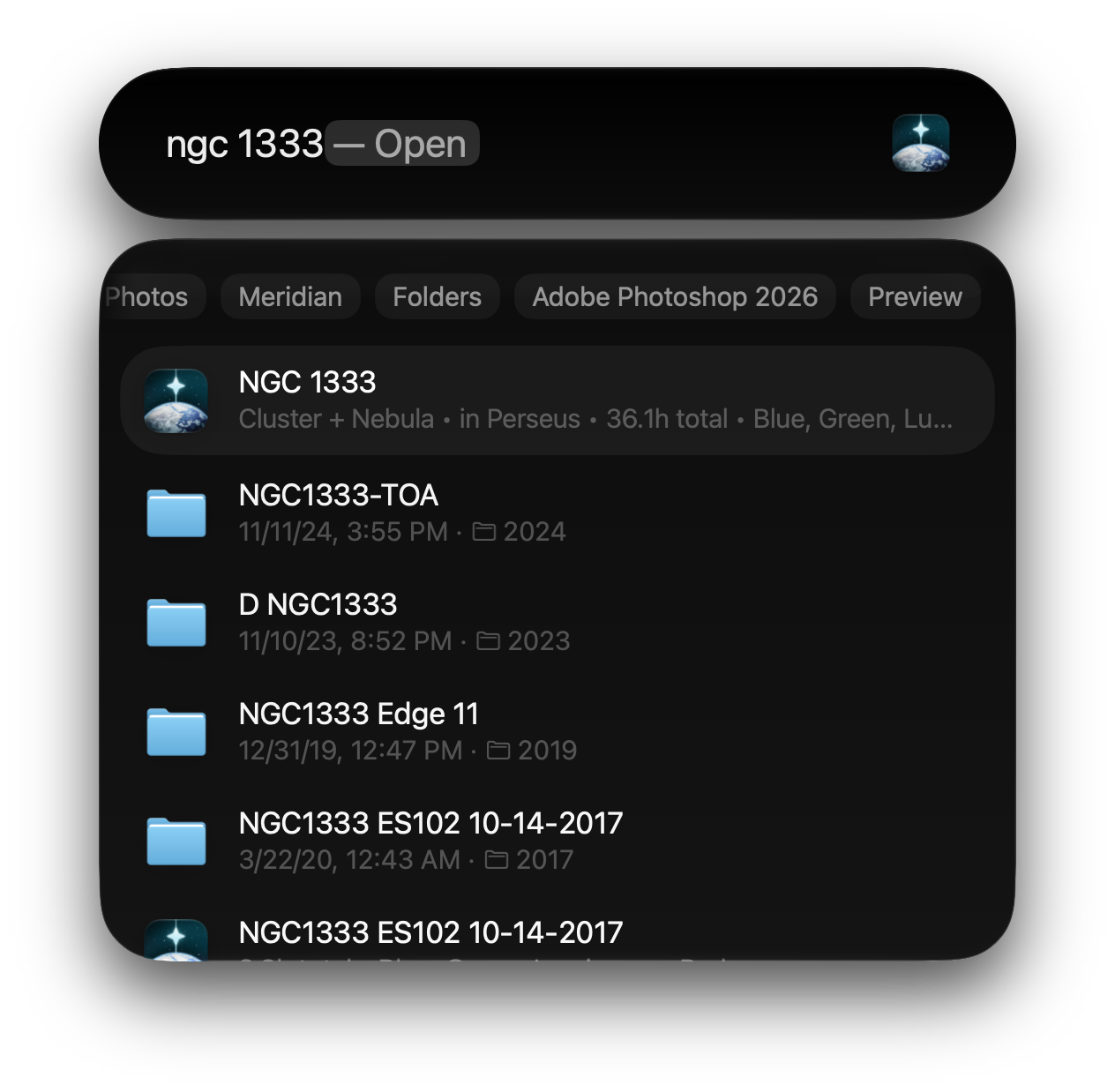 Spotlight search for NGC 1333: Meridian's result shows the target with 36.1 hours in total, above four folders of the same target from 2017, 2019, 2023 and 2024