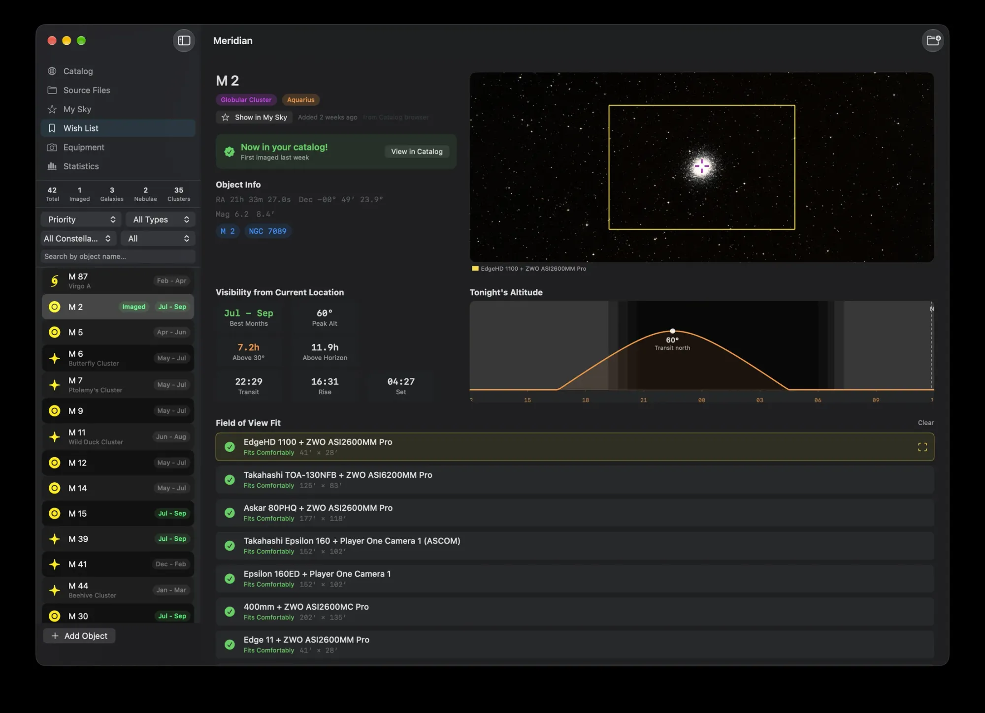 M 2 in Meridian's Wish List, already imaged, with its visibility and field-of-view fit