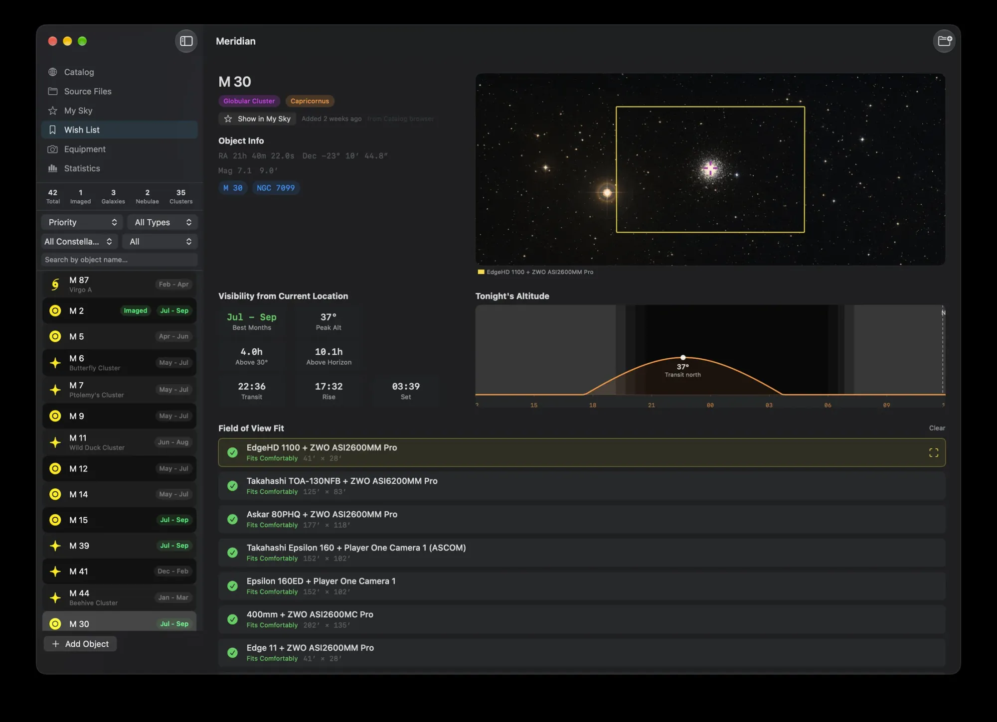 M 30 in Meridian's Wish List with tonight's altitude and field-of-view fit for seven setups