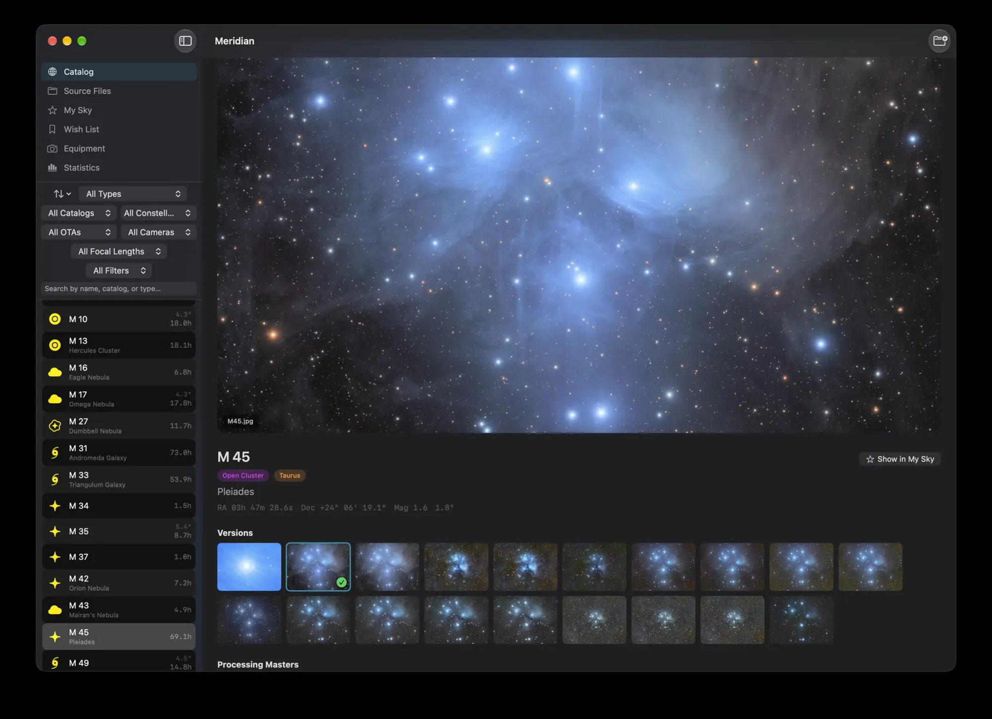 The Pleiades in Meridian's catalog, with a gallery of every processed version