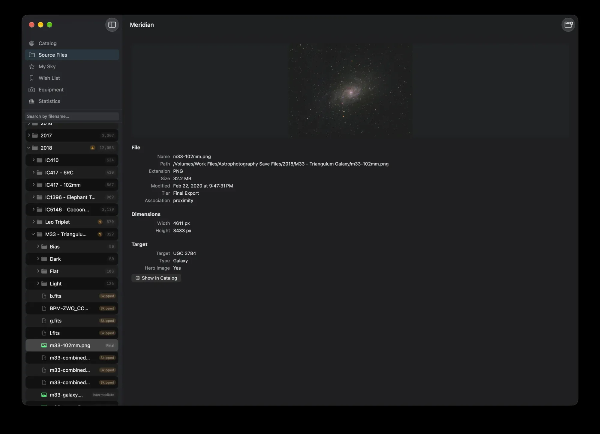 Meridian's Source Files view with the file tree and the details of an M33 image