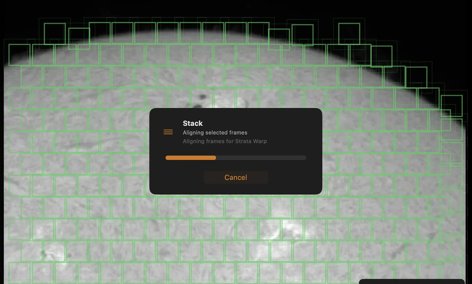 A dense grid of Strata alignment points across the Sun, with Strata Warp aligning frames