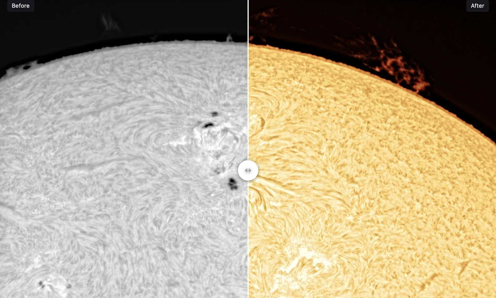 The Sun in gray and after the hydrogen-alpha palette in Strata