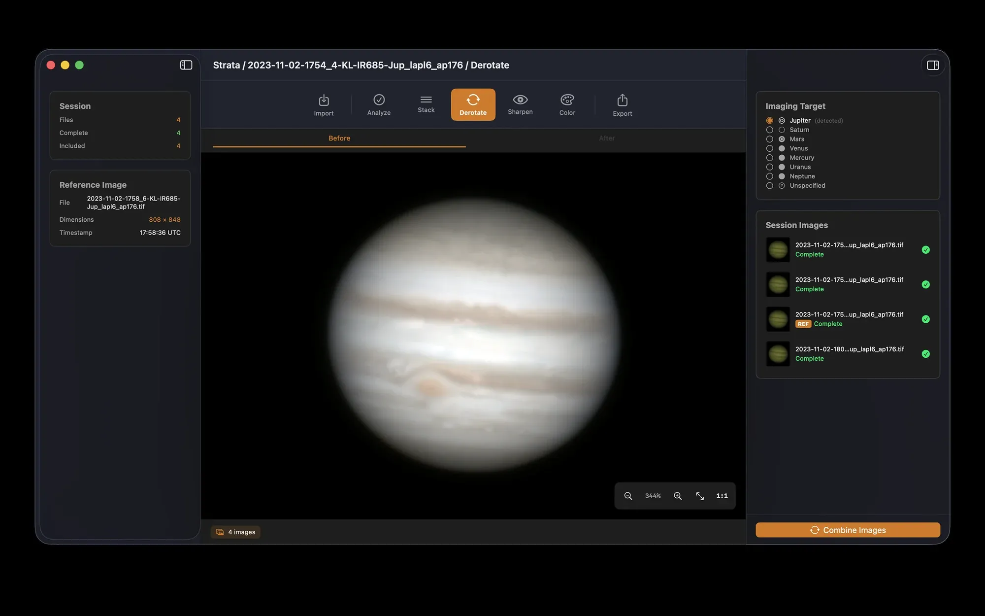 Four Jupiter stacks being combined in Strata's Derotate step