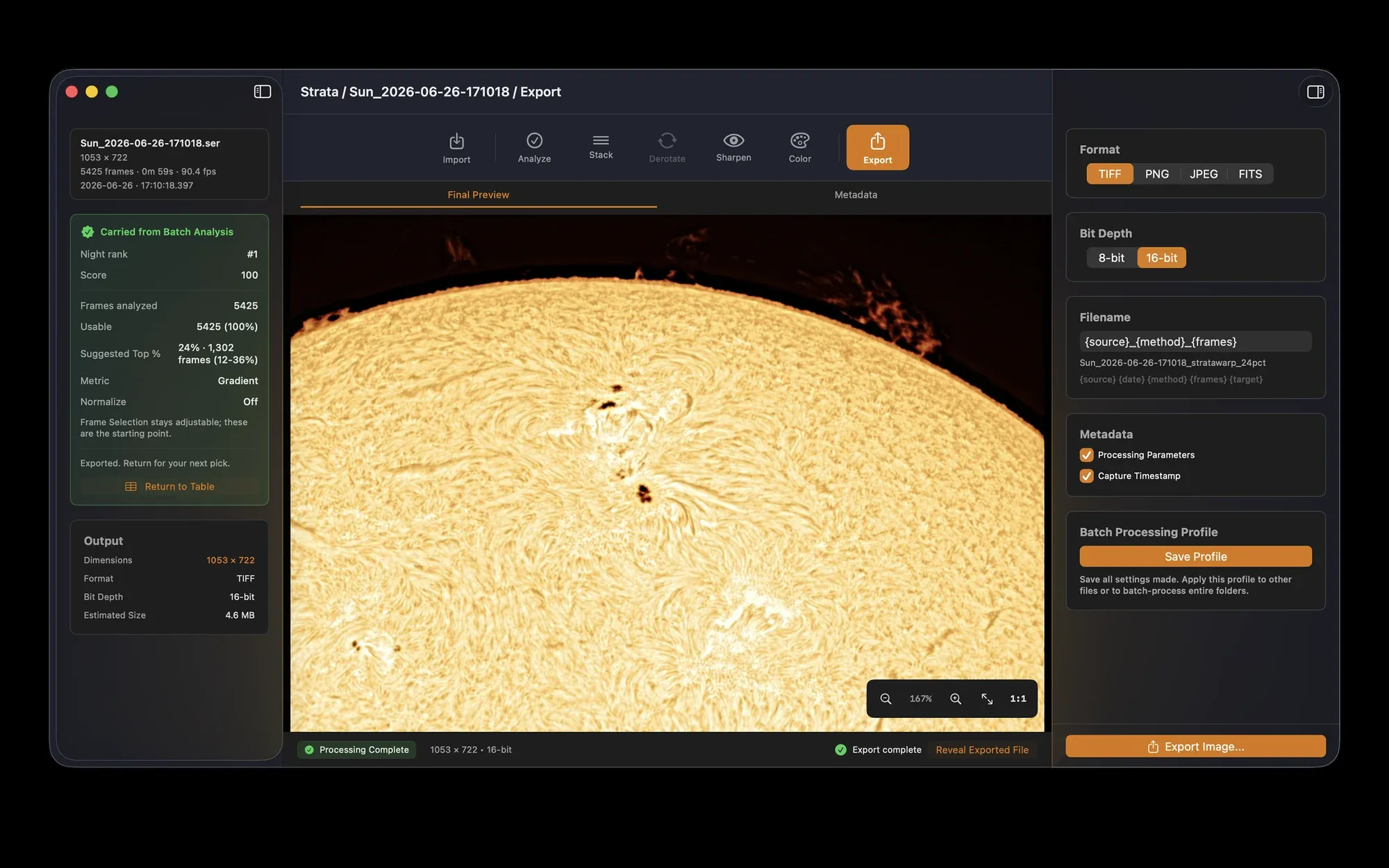 Strata's Export step with a finished solar image