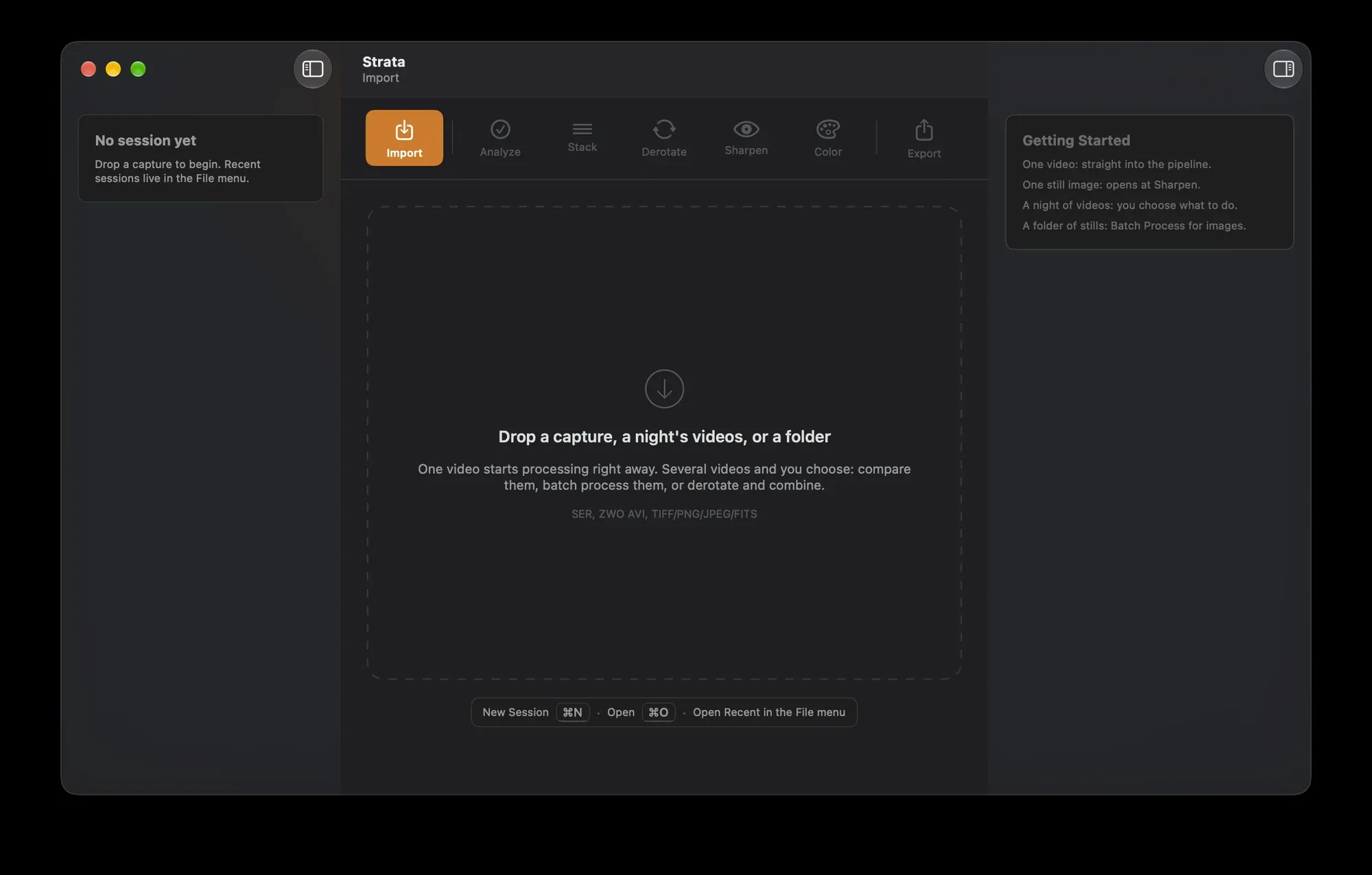 Strata's Import screen, ready for a capture, a night's videos or a folder