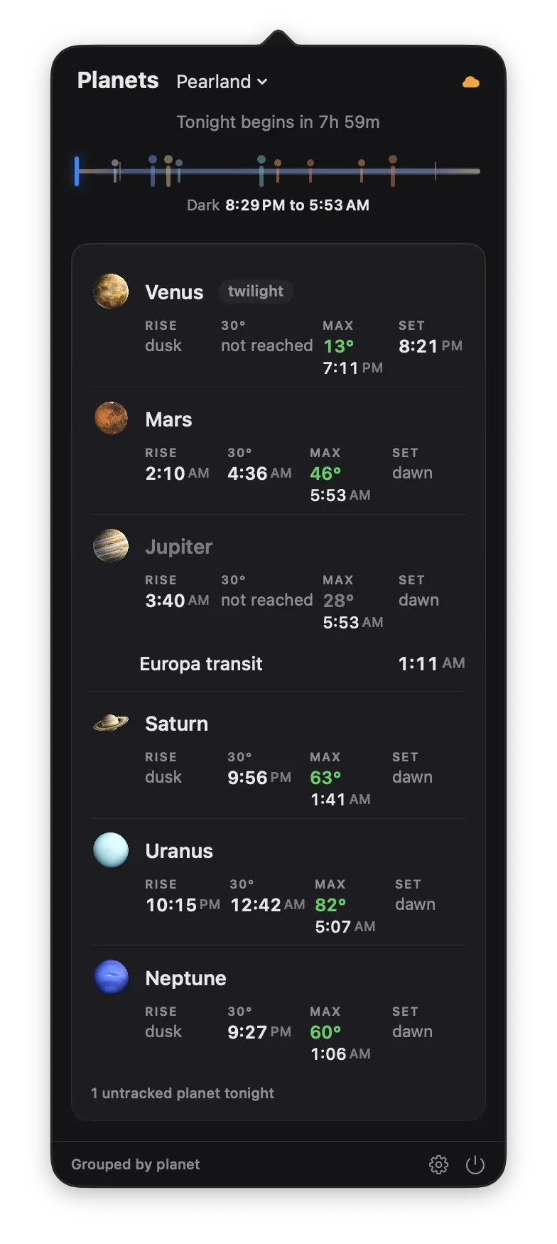 Transit's Planets panel with rise, altitude and set times for Venus through Neptune, and a Europa transit
