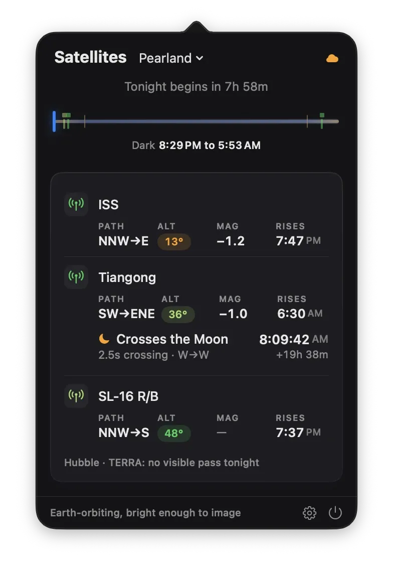Transit's Satellites panel: ISS, Tiangong crossing the Moon in a 2.5 second transit, and a rocket body pass