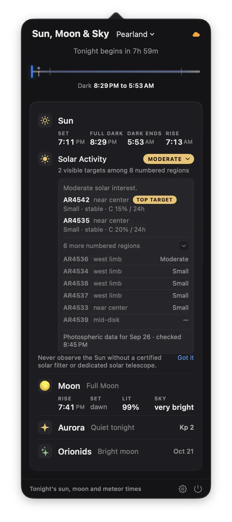 Transit's Sun, Moon and Sky panel with solar activity, ranked active regions, the full Moon, aurora and the Orionids