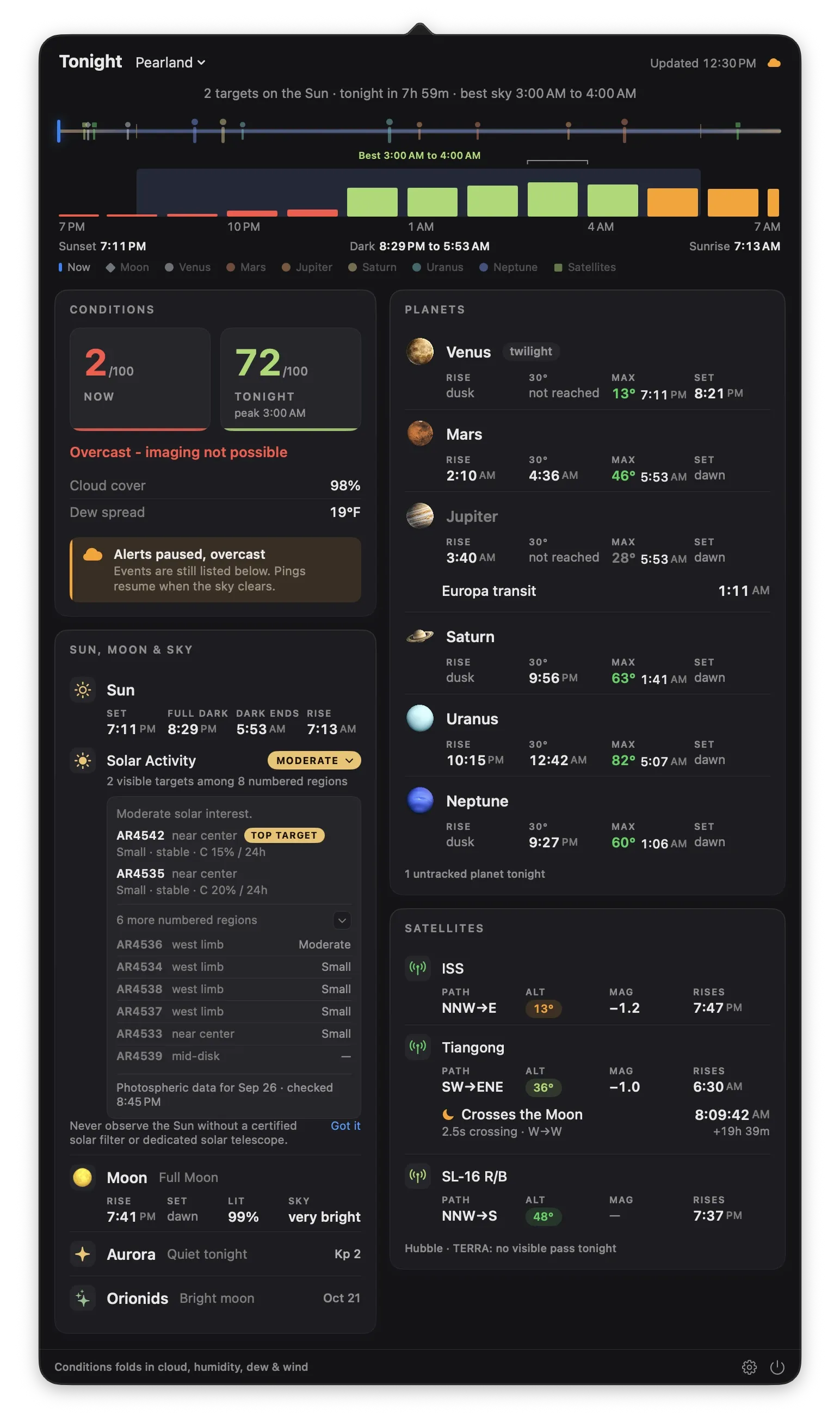 Transit's Tonight panel: the night timeline with hourly weather bars, the weather score now and at its peak, the planets, the Sun, Moon and sky, and satellite passes including Tiangong crossing the Moon