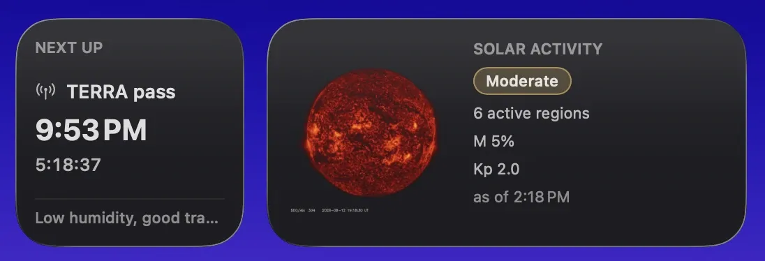 Transit's small Next Up and medium Solar widgets in full color
