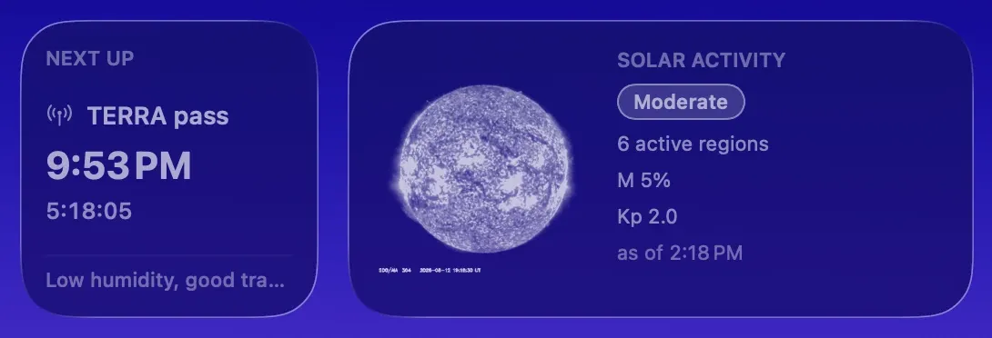 Transit's small Next Up and medium Solar widgets in the tinted style