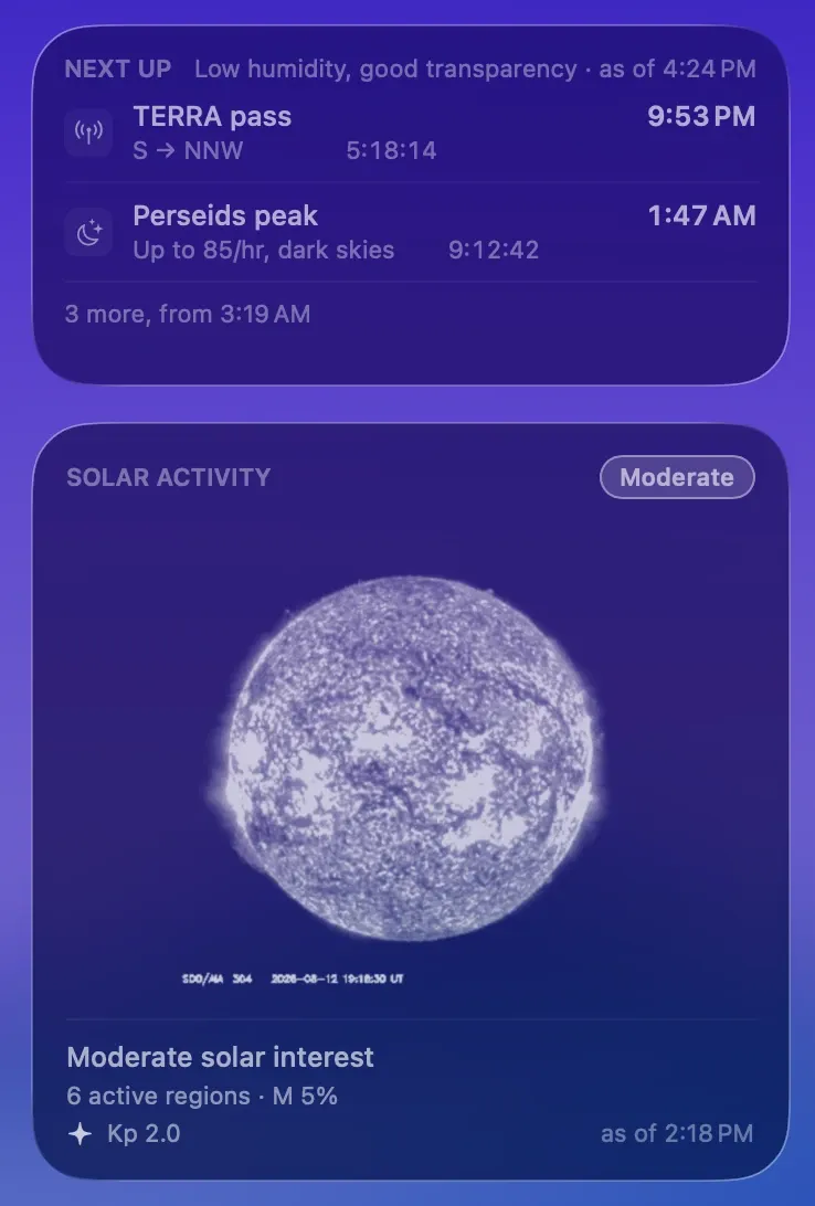Transit's medium Next Up and large Solar widgets in the tinted style