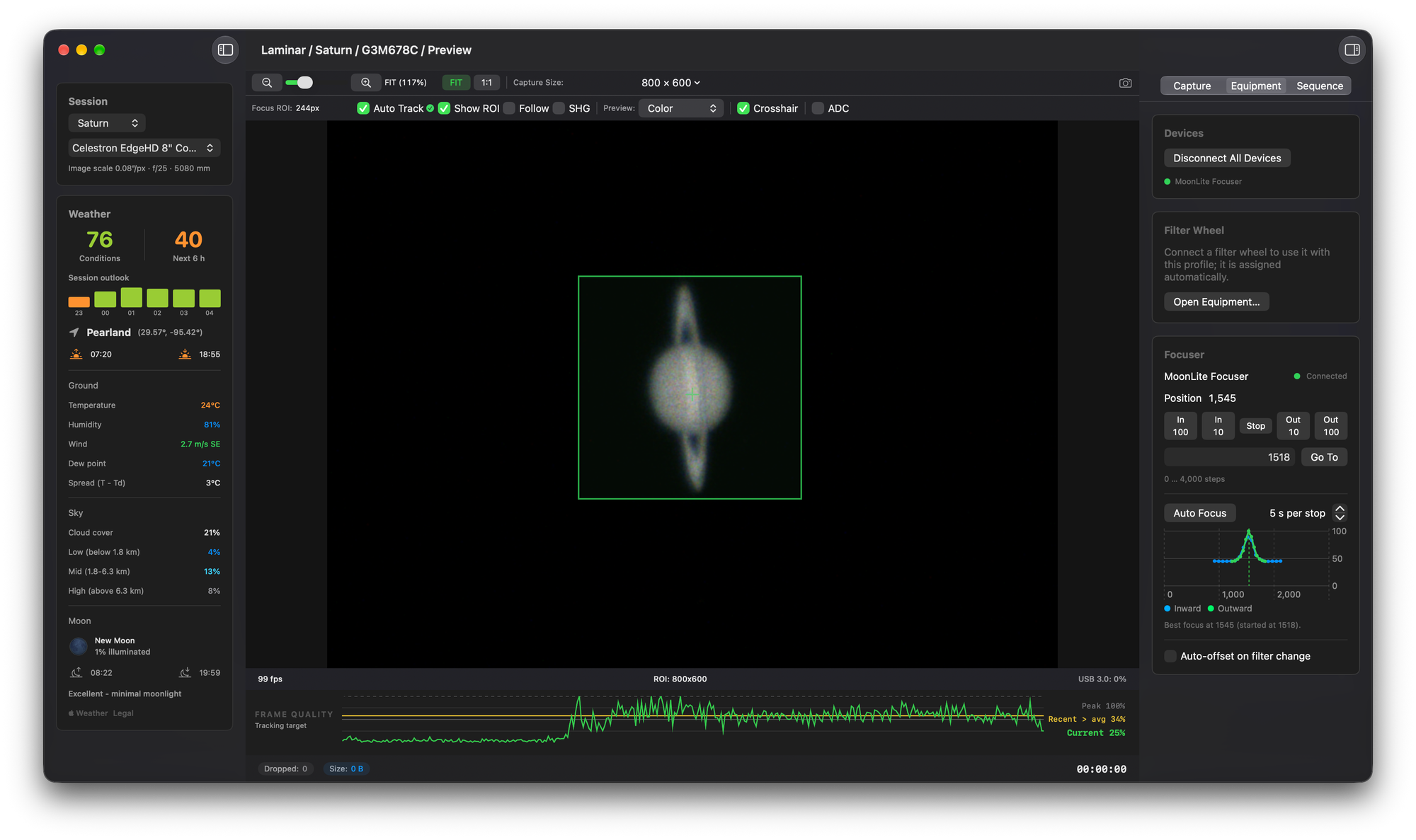 Laminar focuser card after an Auto Focus run on Saturn, reporting best focus at 1545 after starting at 1518